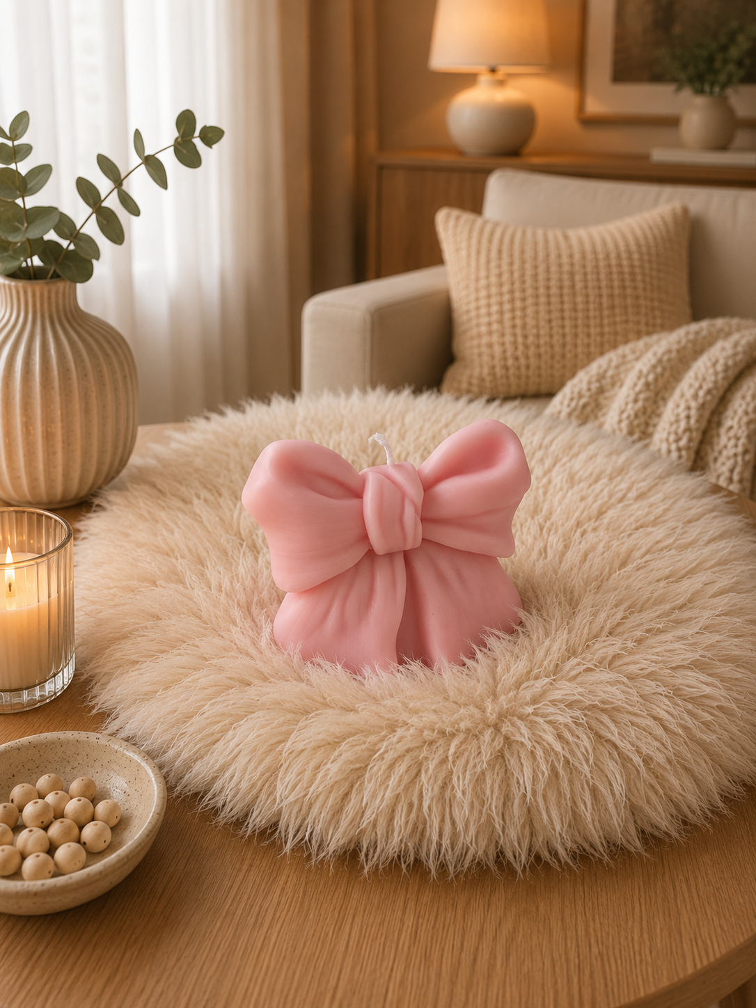 Schleifenkerze aus Rapswachs – Handgemachte Deko-Kerze | Rosa, Beige & Weiß