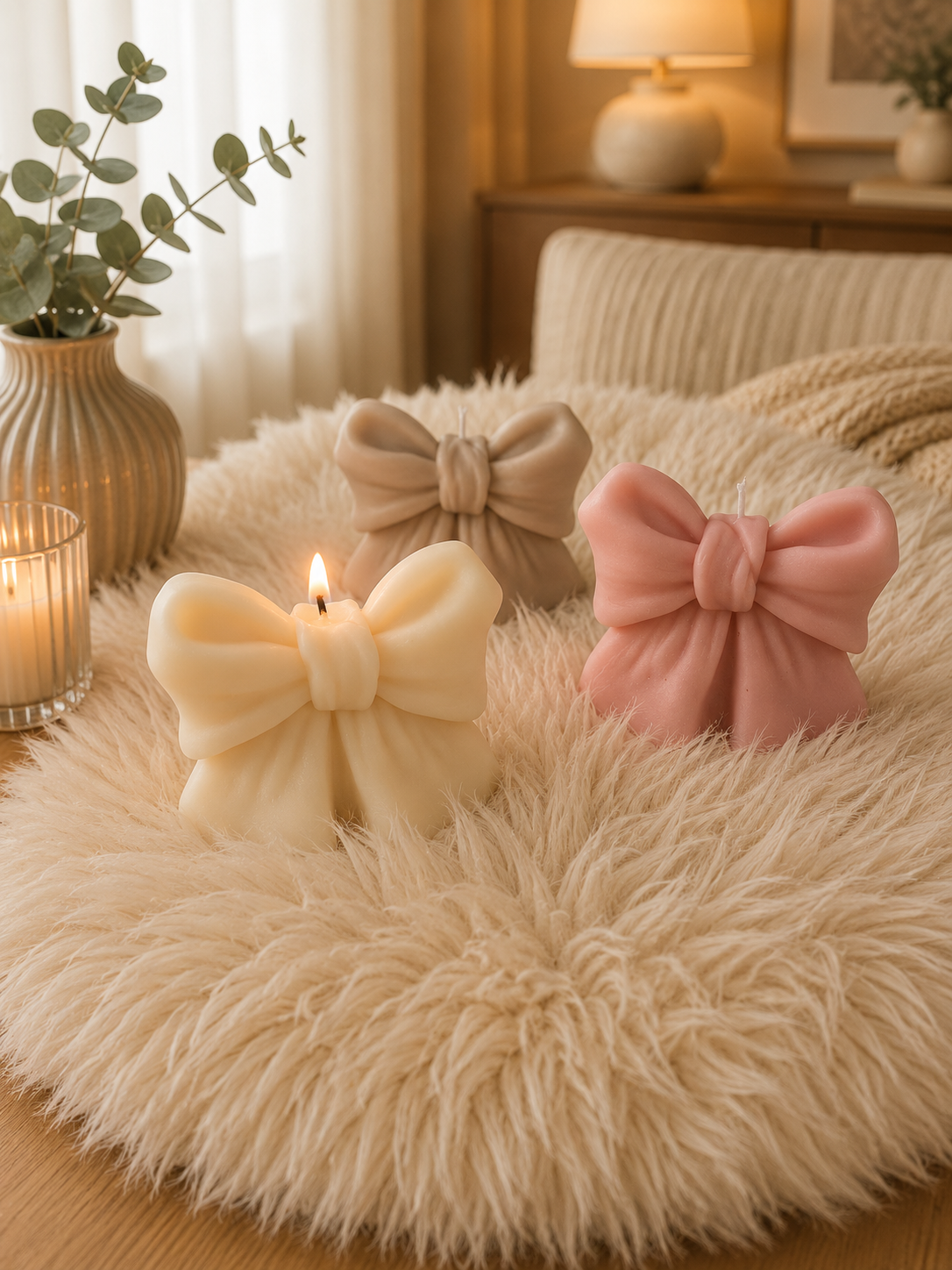 Schleifenkerze aus Rapswachs – Handgemachte Deko-Kerze | Rosa, Beige & Weiß