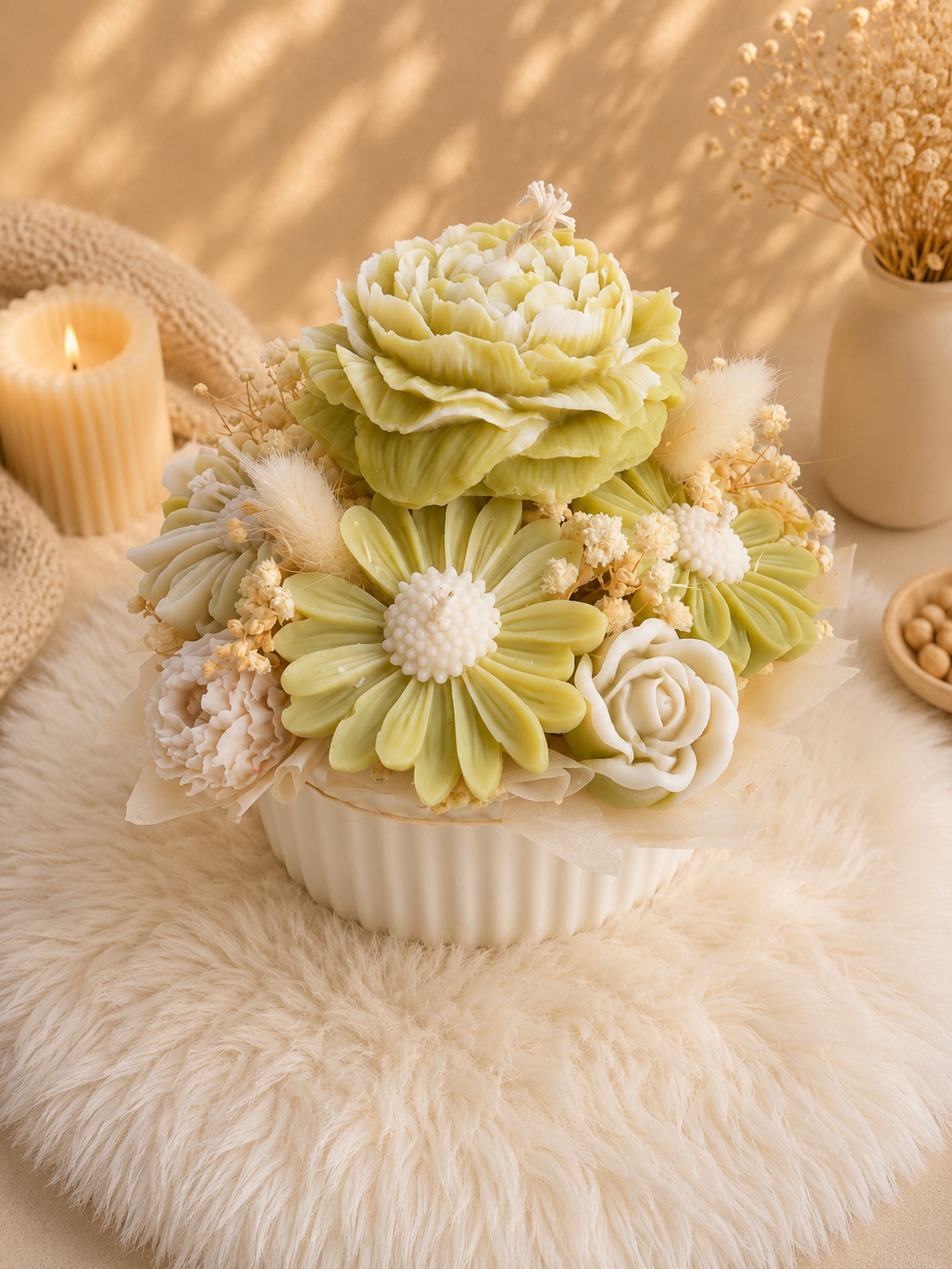 Blumenkerze „Lemon Cream Petite“ – Handgemachte Blumenkerze in Keraflott-Schale
