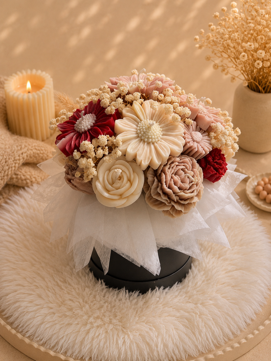 Blumenkerzenstrauß „Velvet Bloom“ – Handgemachte Blumenkerze aus Rapswachs
