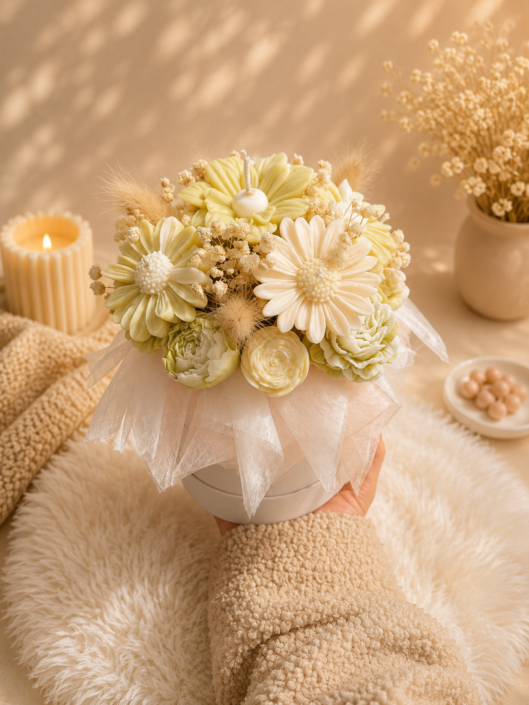 Lemon Cream | Handgemachter Blumenkerzenstrauß