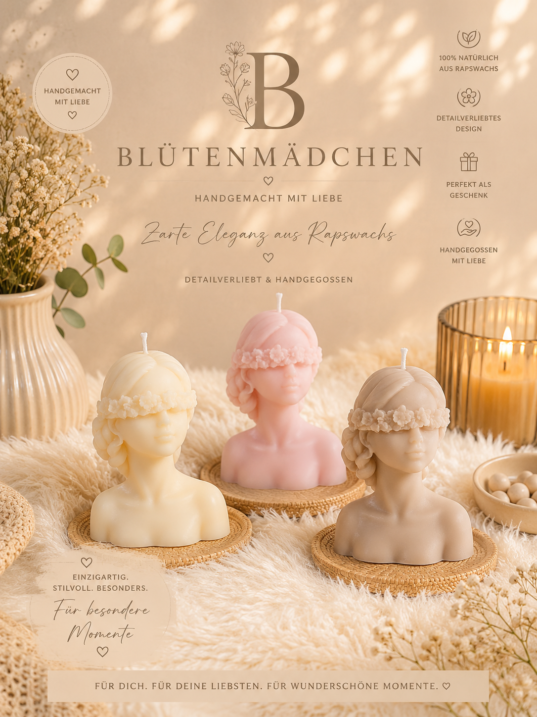 Blütenmädchen – Handgemachte Figurenkerze aus Rapswachs | Rosa, Beige & Creme