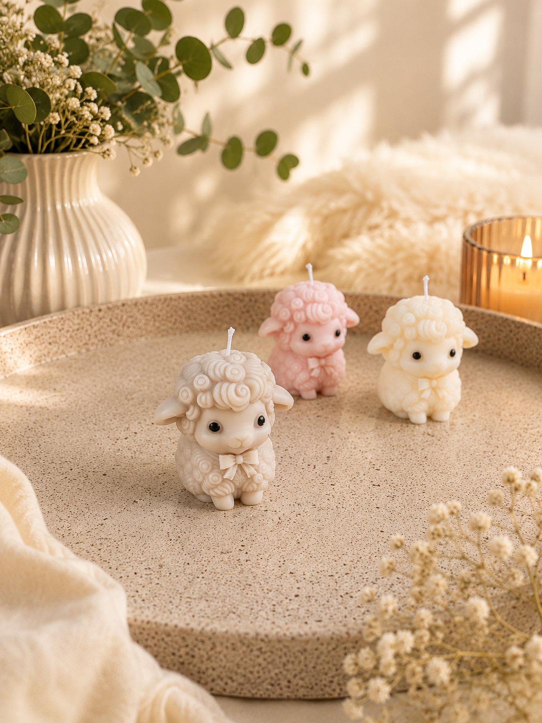 Little Lamb – Handgemachte Schafkerze aus Rapswachs | Rosa, Beige & Creme