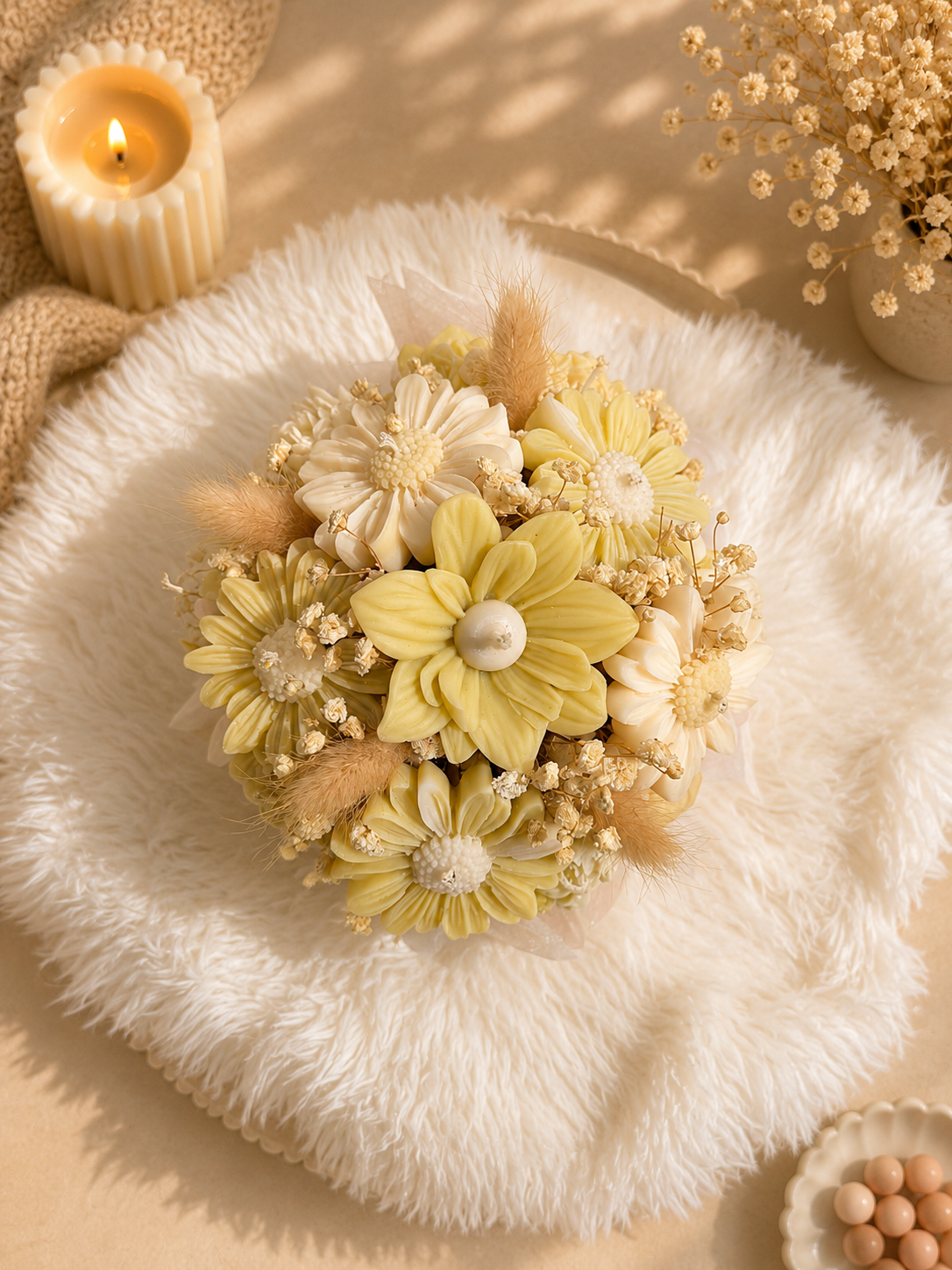 Lemon Cream | Handgemachter Blumenkerzenstrauß