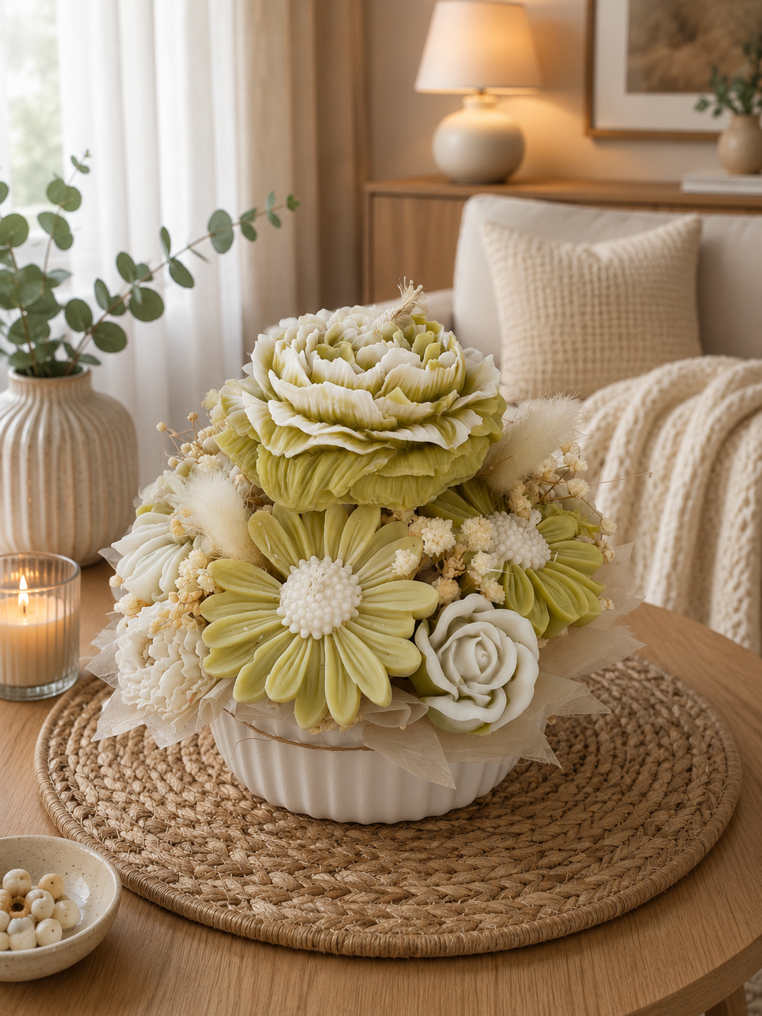 Blumenkerze „Lemon Cream Petite“ – Handgemachte Blumenkerze in Keraflott-Schale