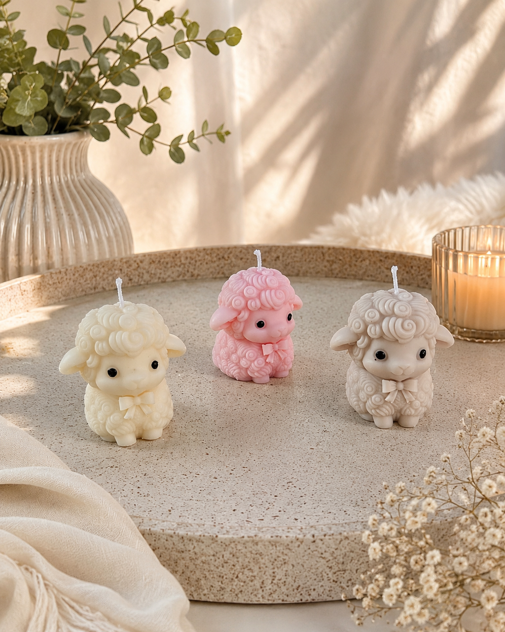 Little Lamb – Handgemachte Schafkerze aus Rapswachs | Rosa, Beige & Creme