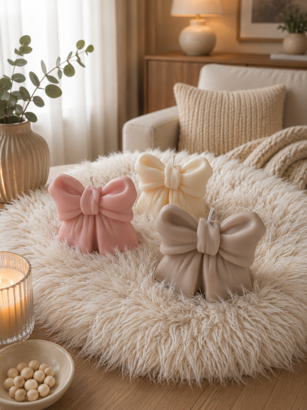 Schleifenkerze aus Rapswachs – Handgemachte Deko-Kerze | Rosa, Beige & Weiß