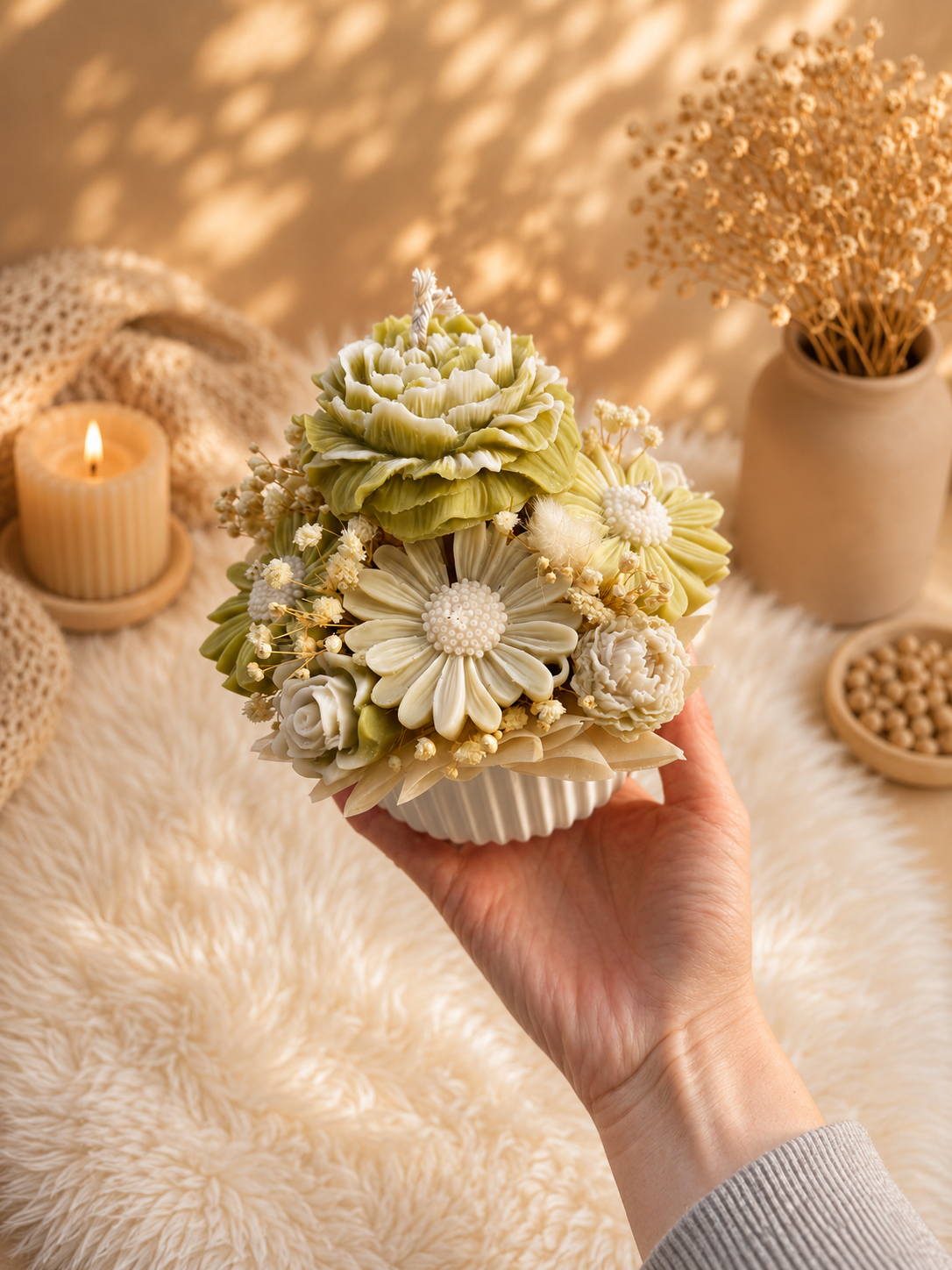 Blumenkerze „Lemon Cream Petite“ – Handgemachte Blumenkerze in Keraflott-Schale