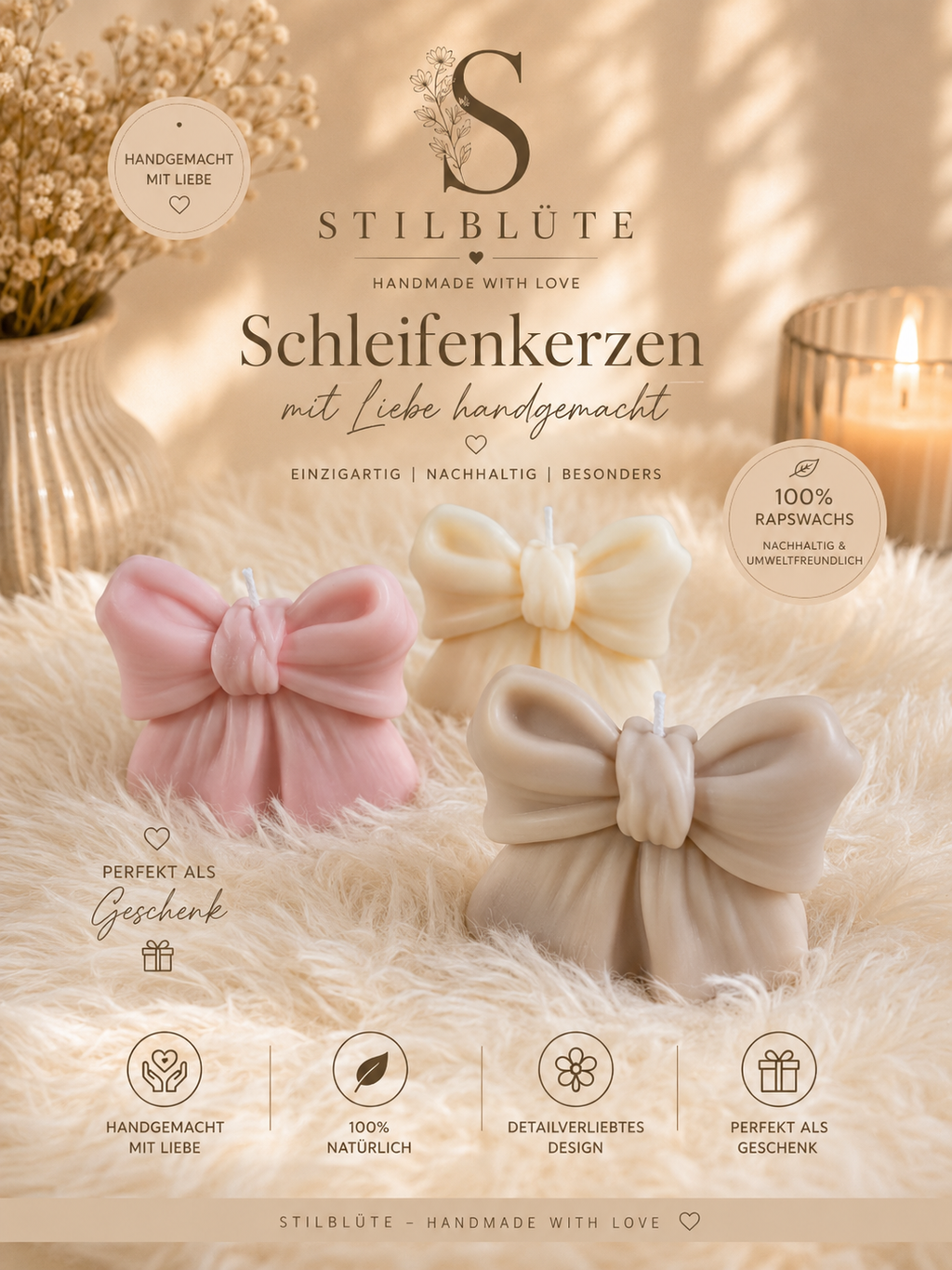 Schleifenkerze aus Rapswachs – Handgemachte Deko-Kerze | Rosa, Beige & Weiß