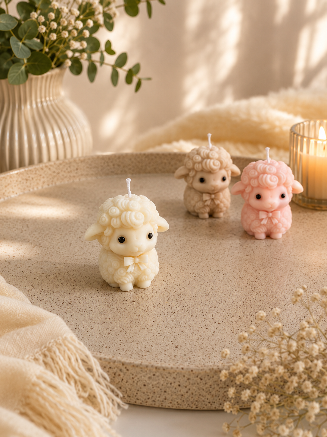 Little Lamb – Handgemachte Schafkerze aus Rapswachs | Rosa, Beige & Creme
