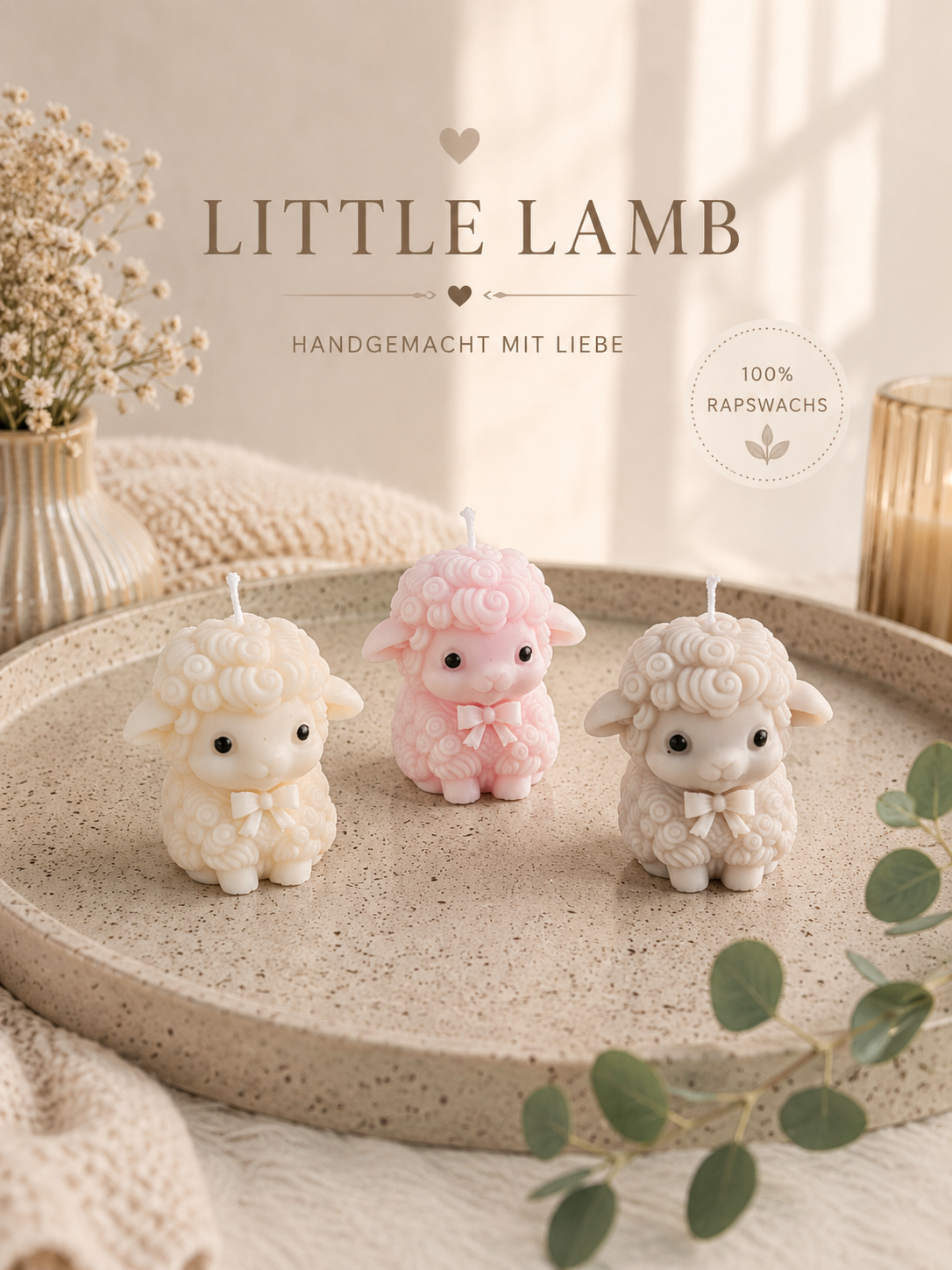Little Lamb – Handgemachte Schafkerze aus Rapswachs | Rosa, Beige & Creme