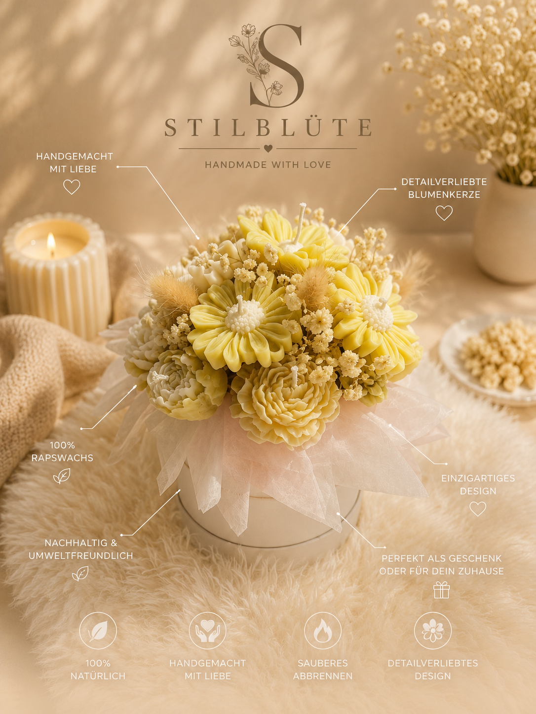 Lemon Cream | Handgemachter Blumenkerzenstrauß