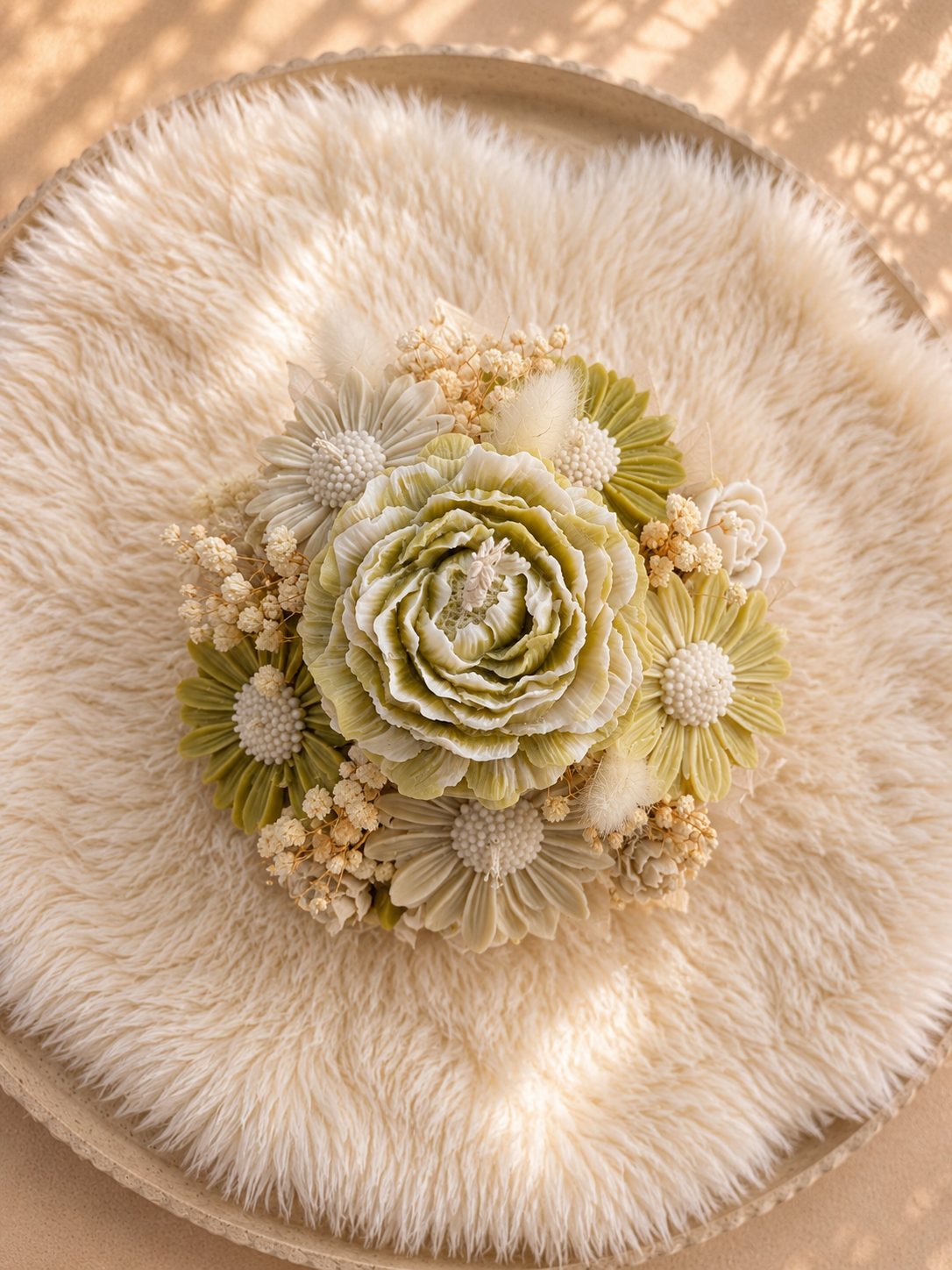 Blumenkerze „Lemon Cream Petite“ – Handgemachte Blumenkerze in Keraflott-Schale
