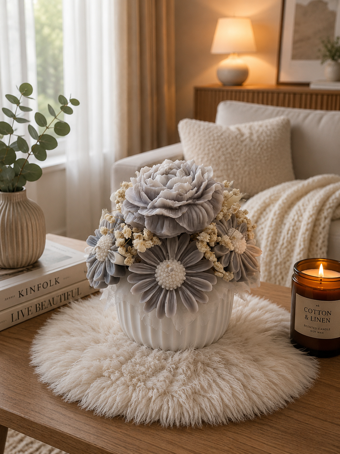 Blumenkerze „Grey Harmony Petite“ – Handgemachte Blumenkerze in Keraflott-Schale